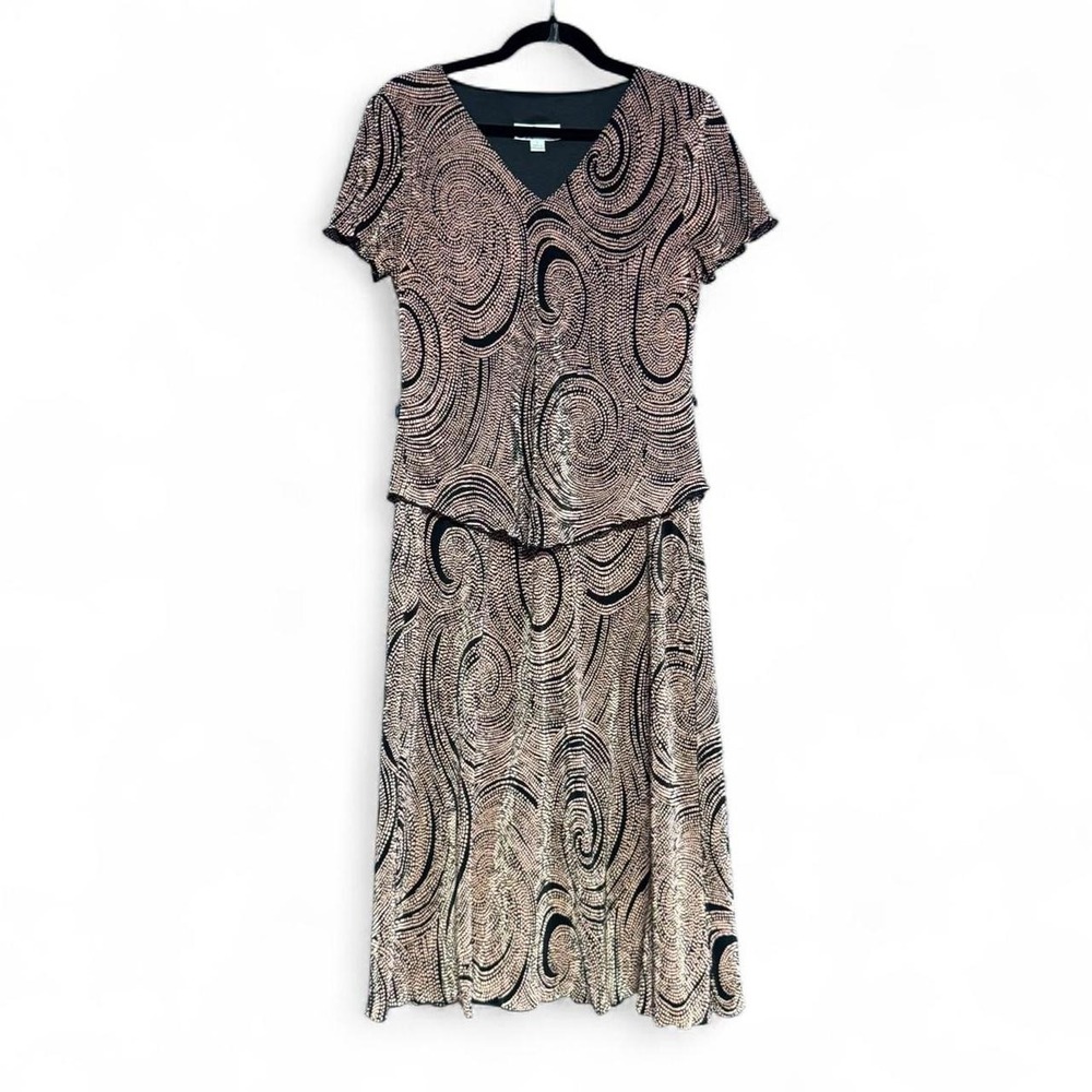 Y2K Swirl Print Dress Women's Size 8 Black Pink Dressbarn Pleated 2000s 90s